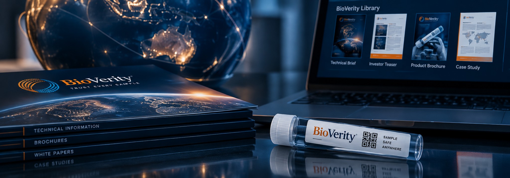 BioVerity sample tube with QR label, technical resources and a connected globe
