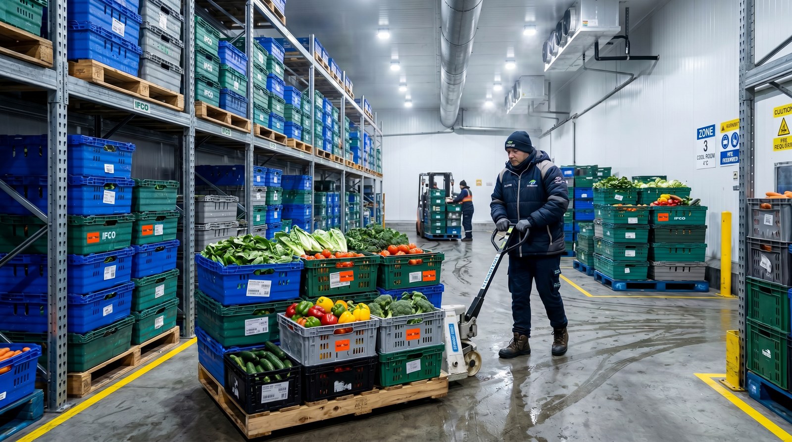 Fresh produce crate on a pallet with a StiknTrak sensor label