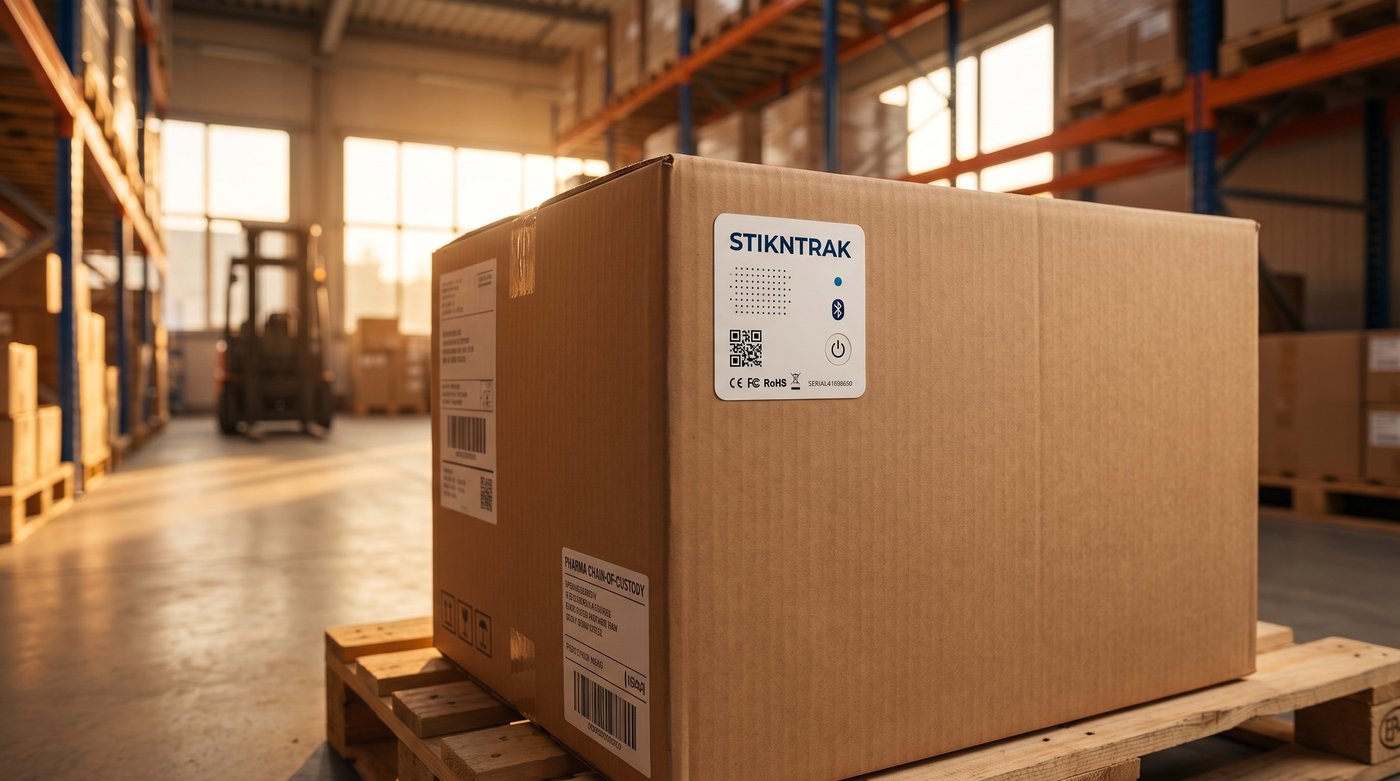 StiknTrak ambient sensor label on a pharma carton in a warehouse