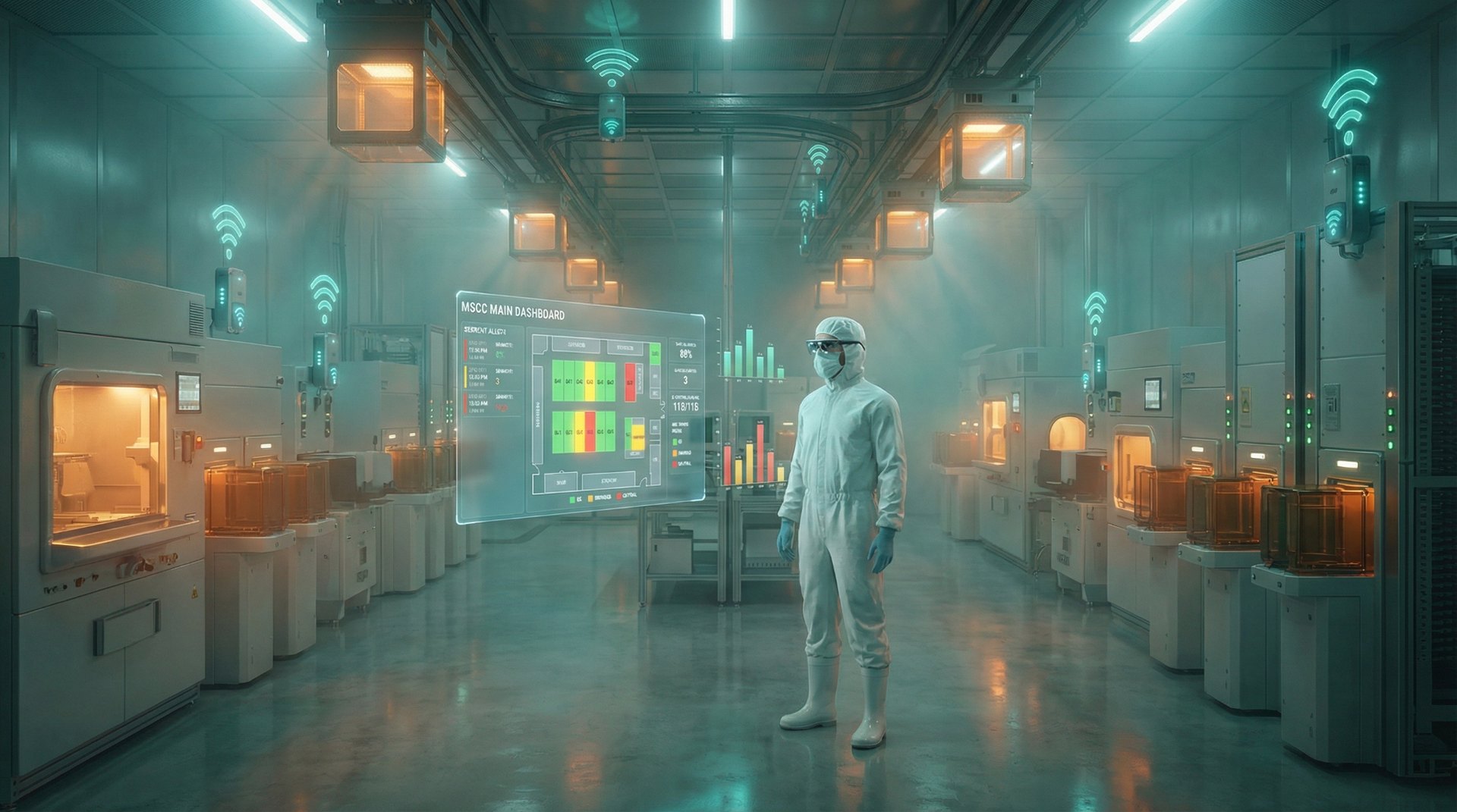 Photoreal render of an instrumented semiconductor cleanroom monitored by Moseley
