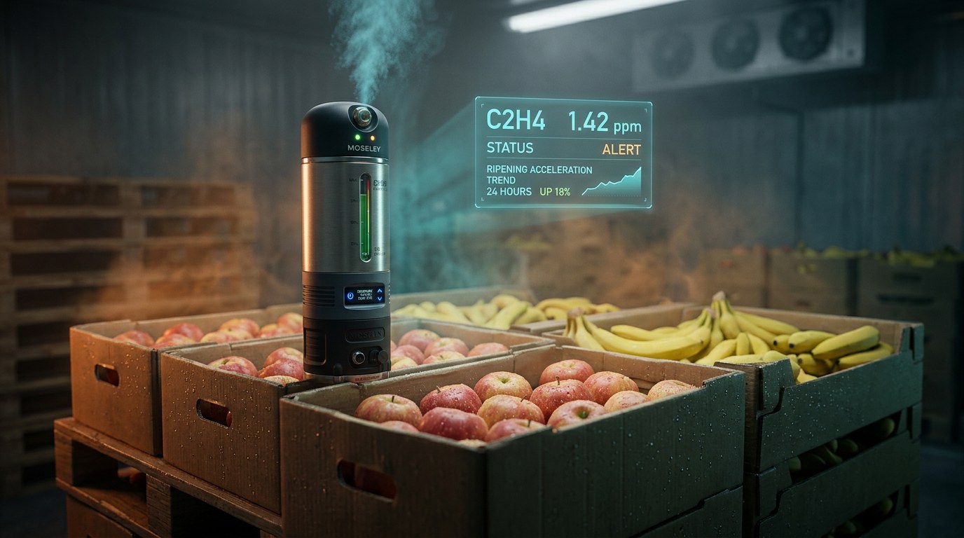 Moseley E-Canister detecting and remediating ethylene above ripening produce