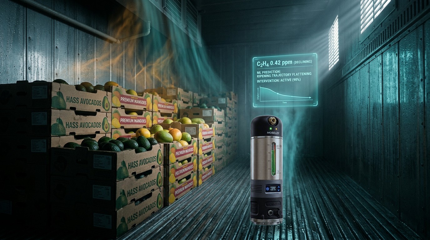 Moseley E-Canister actively remediating ethylene in a refrigerated container
