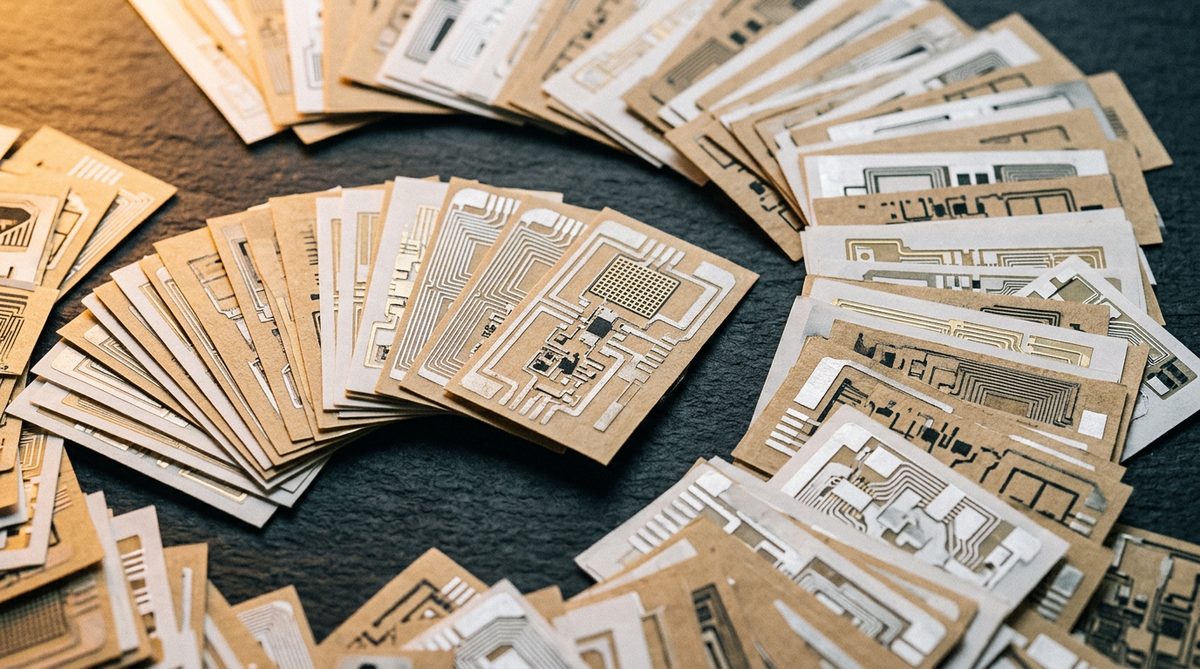 Hundreds of paper-thin printed sensor labels in kraft and white substrates fanned out on a dark surface, showing the printed antenna and chip patterns of disposable Ambient IoT devices