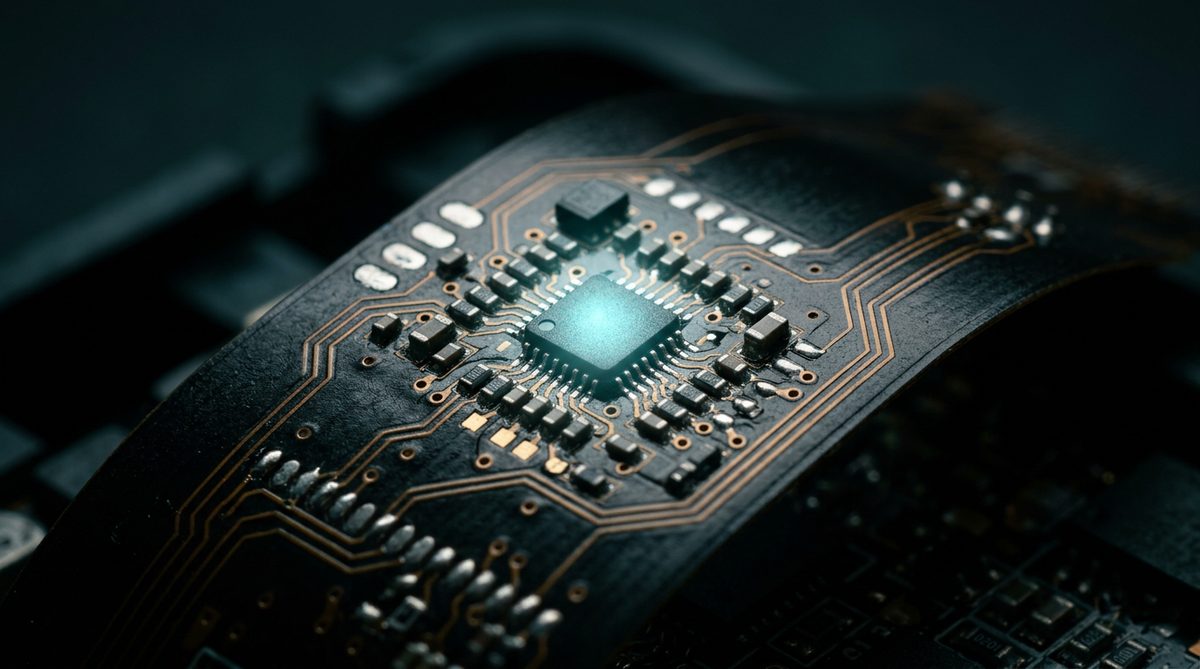 Extreme macro of a flexible printed circuit board with a glowing cyan-lit TinyML microcontroller chip surrounded by SMD components and copper traces, illustrating on-device intelligence