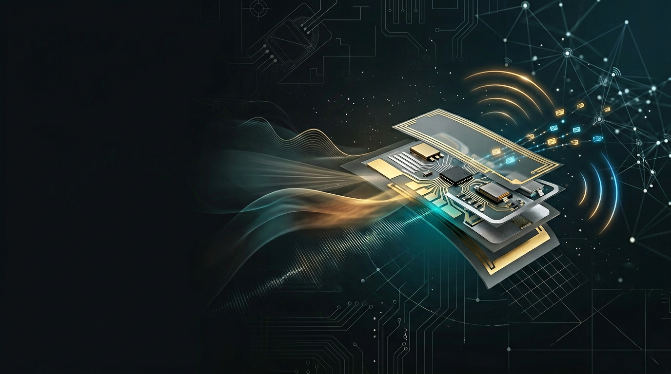 Exploded view of an Ambient IoT sensor inlay with antenna, microcontroller and chemical sensing layer